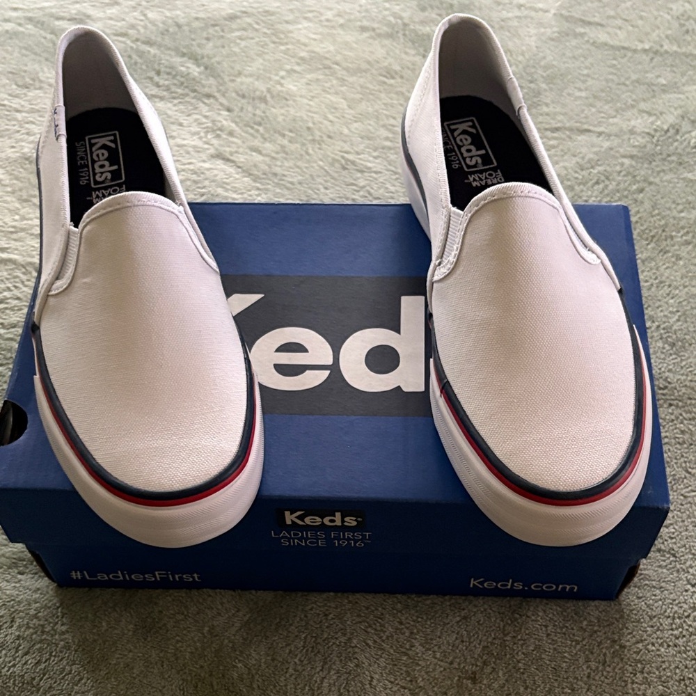 New! Keds White Slip-On Sneakers with Red and Blue Accents